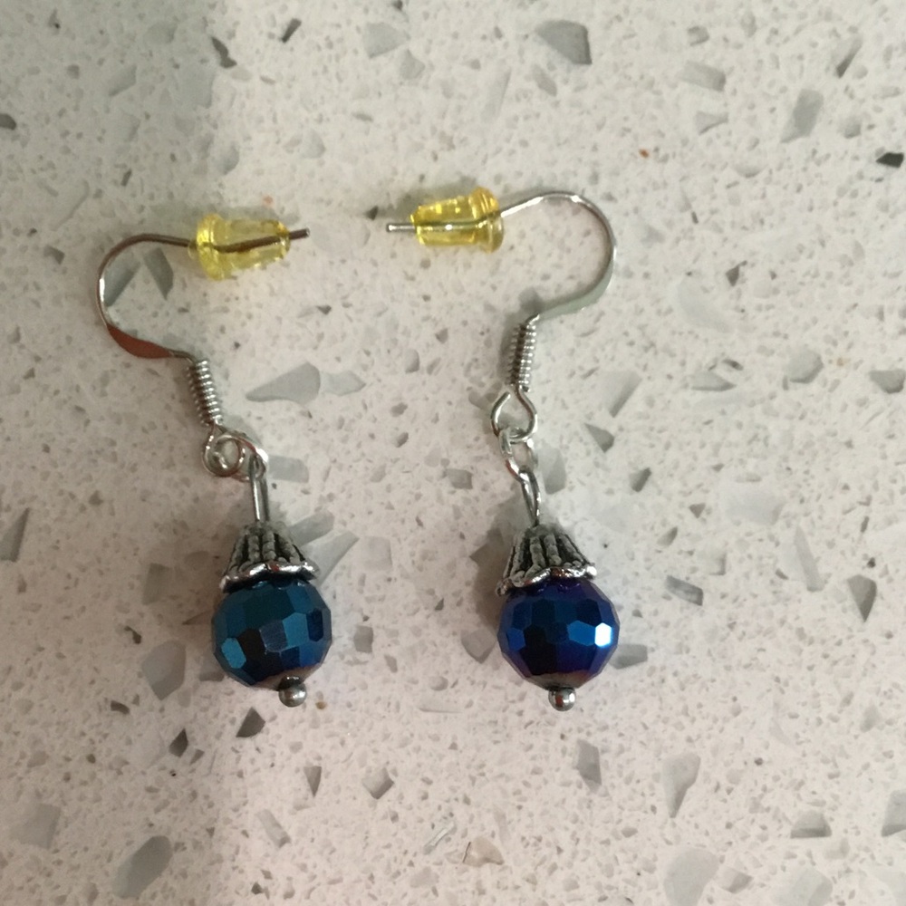 Dangle Earrings with Iridescent Blue Faceted Beads